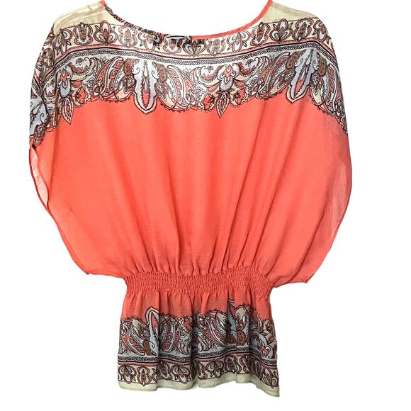 INVESTMENTS KIMONO SLEEVE, PULL-OVER BLOUSE, WOMENS, PL, ORANGE & BLUE PAISLEY - Picture 6 of 12